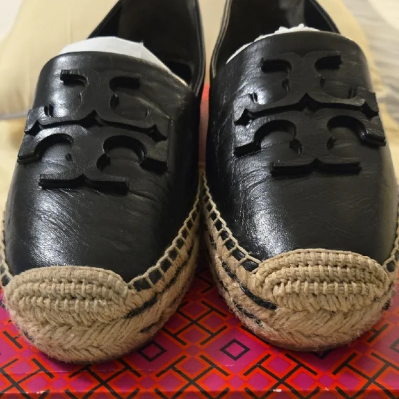 Tory Burch Black Ines Leather Platform Espadrille Slip-On Flats with Logo - Picture 6 of 8